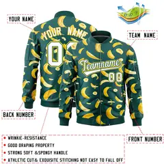 Midnight Green Banana Pattern Varsity Letterman Bomber Jacket 2