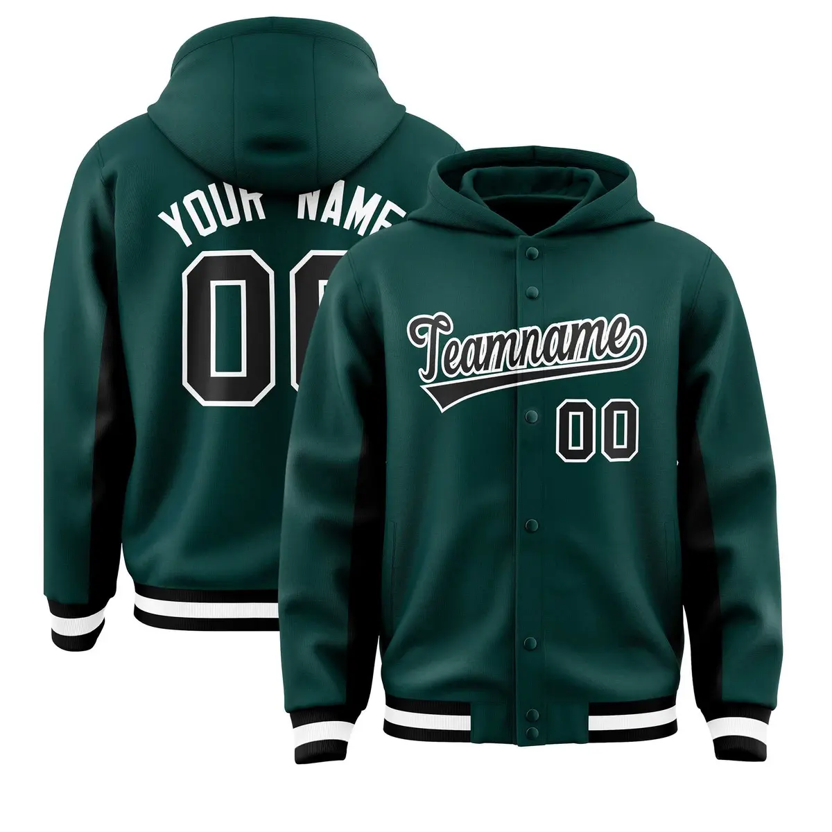 Midnight Green Black Color Block Varsity Letterman Jacket Hoodie