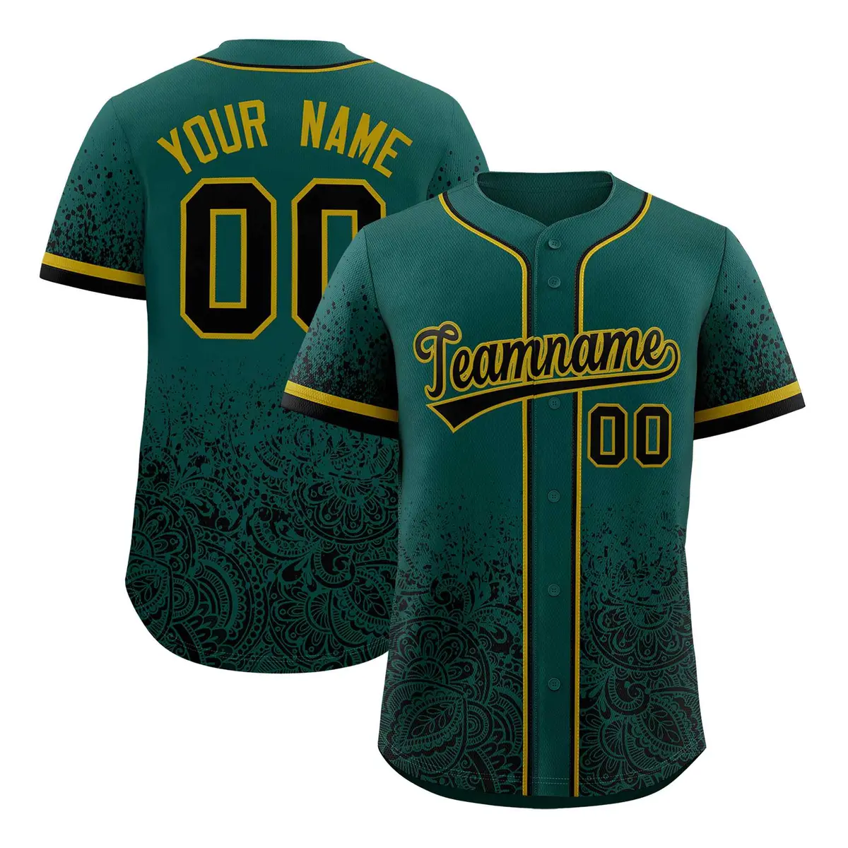 Midnight Green Black Floral Gradient Full Button Baseball Jersey