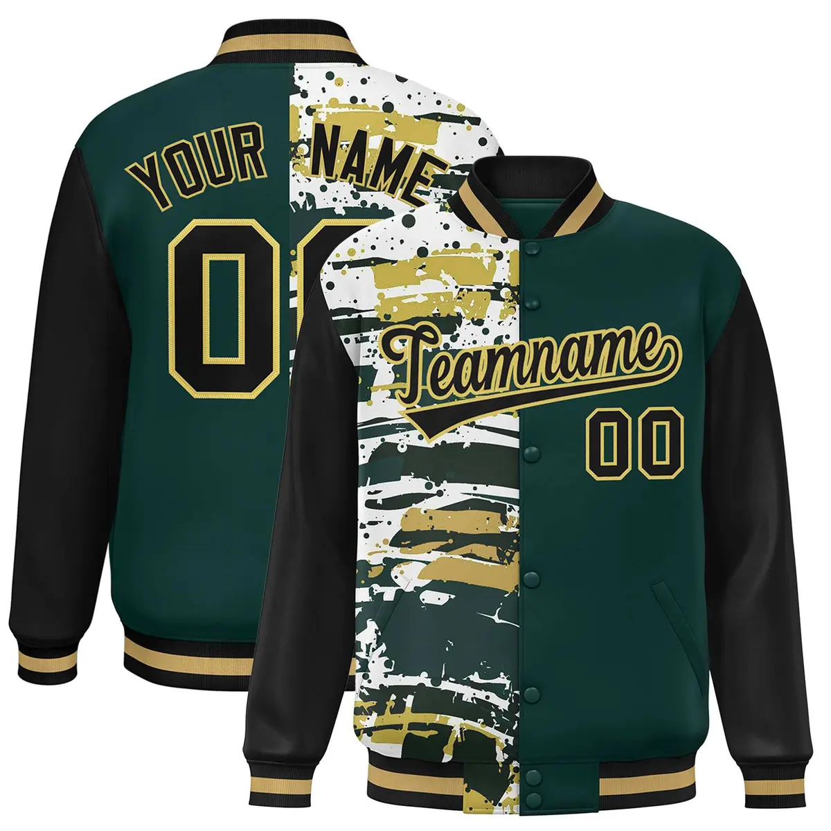 Midnight Green Black Graffiti Varsity Full-Snap Letterman Baseball Jacket