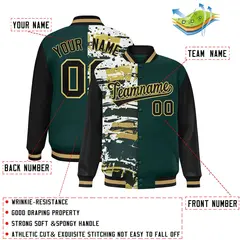 Midnight Green Black Graffiti Varsity Full-Snap Letterman Baseball Jacket 2