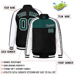 Midnight Green Black K-Ribbon Raglan Full-Snap Color Block Letterman Jacket 2