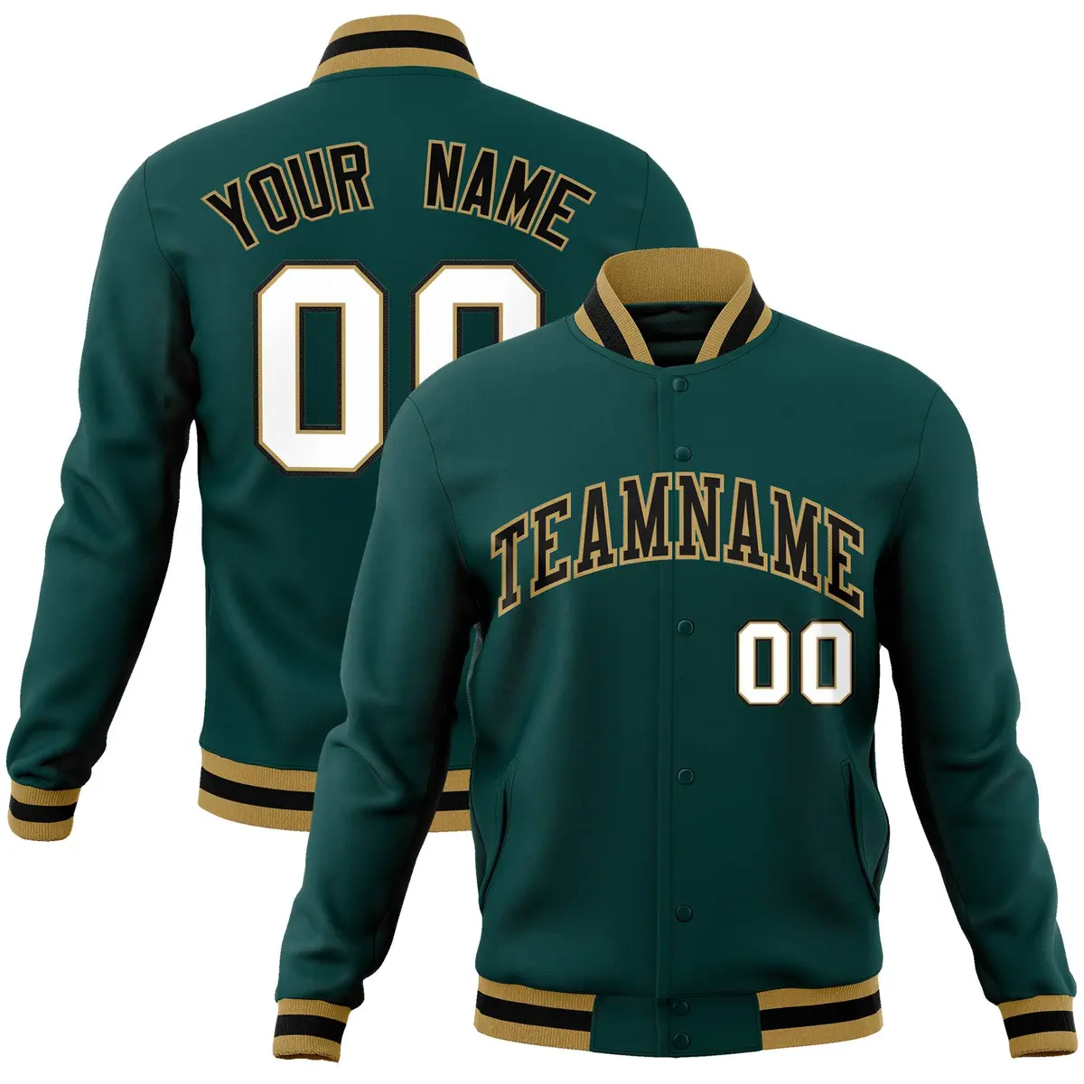 Midnight Green Black-Old Gold Varsity Full-Snap Letterman Jacket