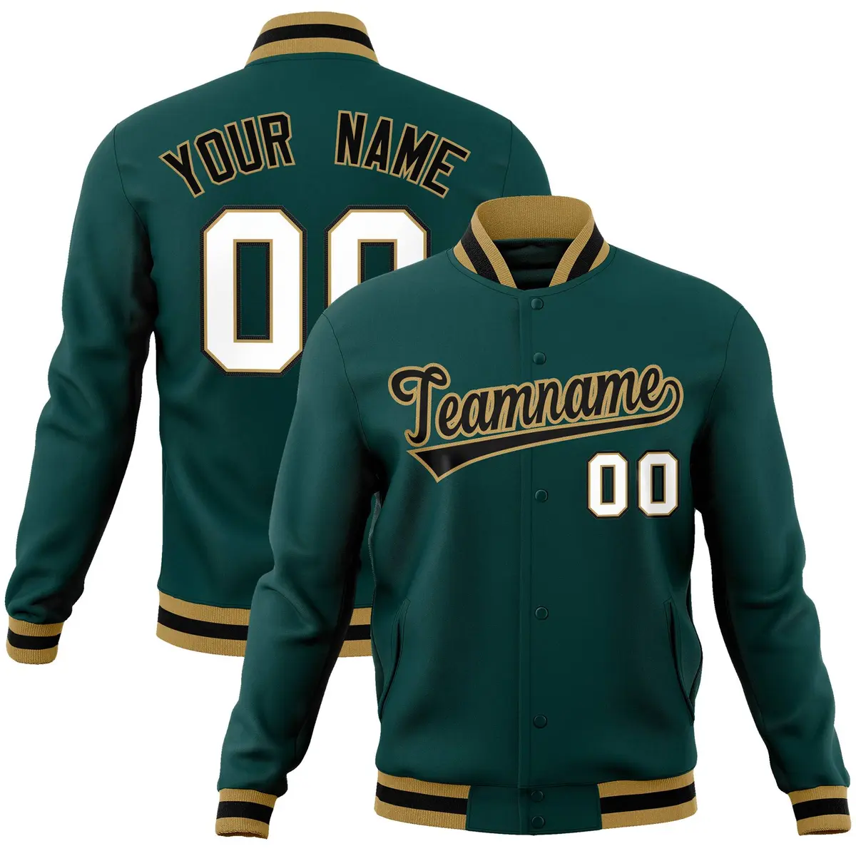 Midnight Green Black-Old Gold Varsity Full-Snap Letterman Jacket