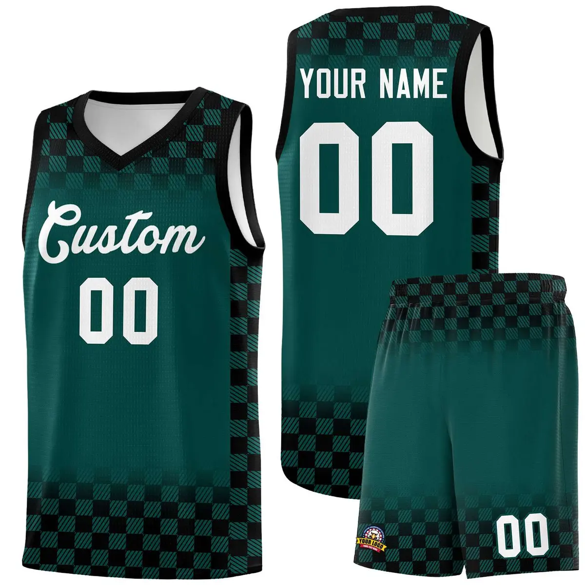 Midnight Green Black Plaid Pattern Basketball Jersey Uniform