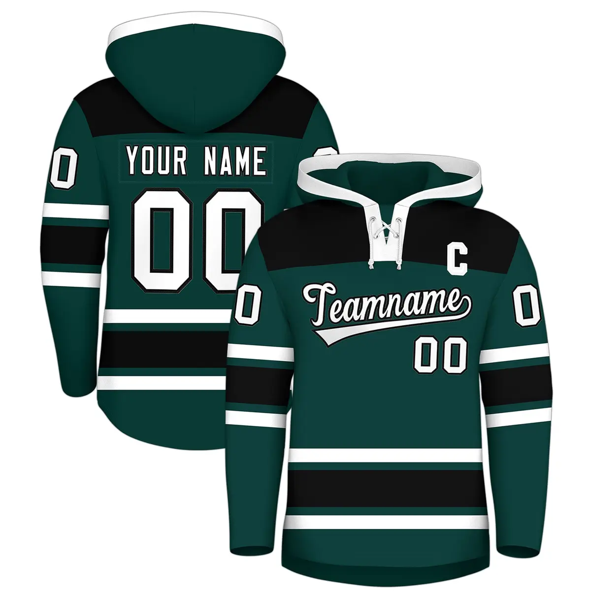 Midnight Green Black Raglan Lace-Up Neck Hockey Hoodie Jersey