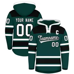 Midnight Green Black Raglan Lace-Up Neck Hockey Hoodie Jersey