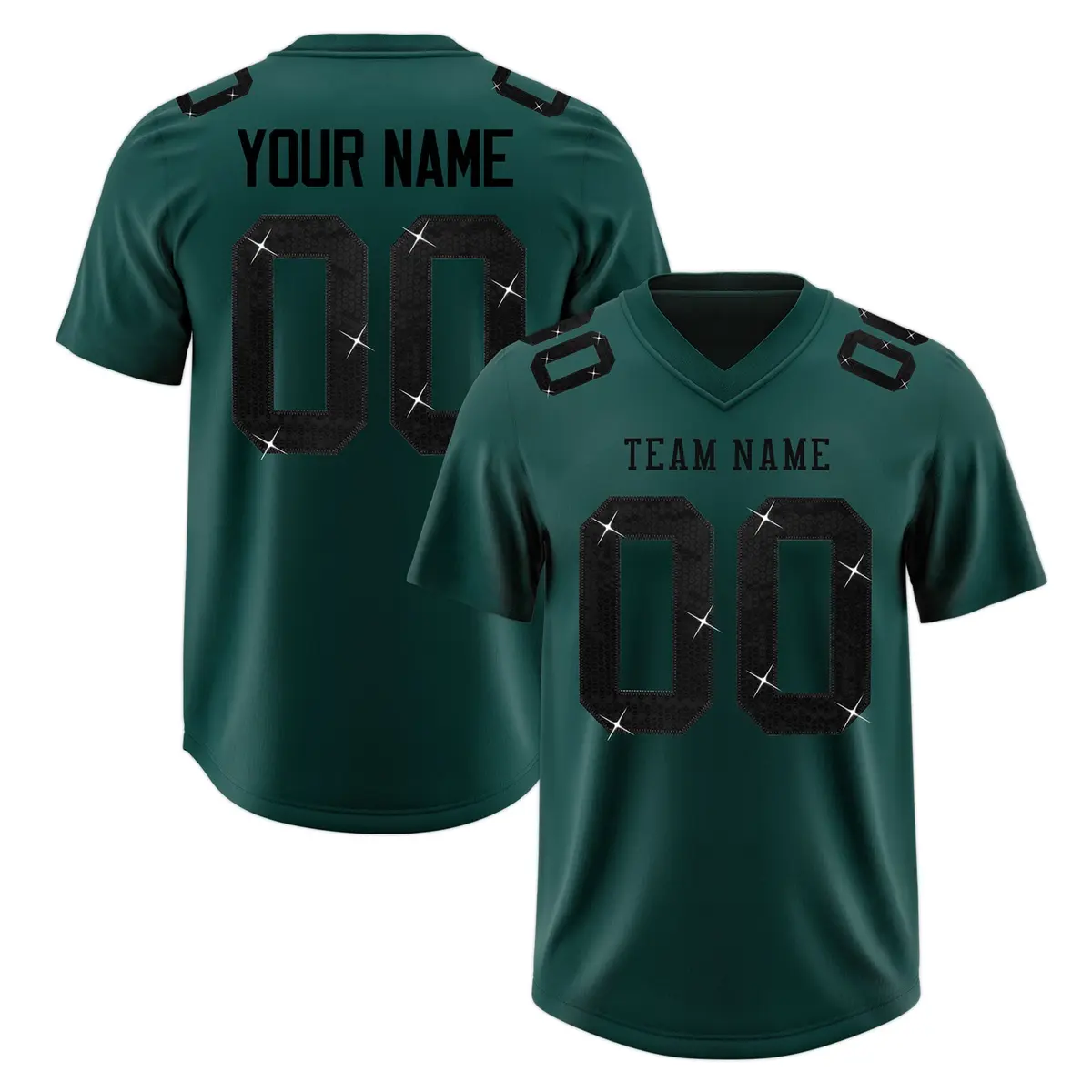 Midnight Green Black Sequin Lettering Football Jersey