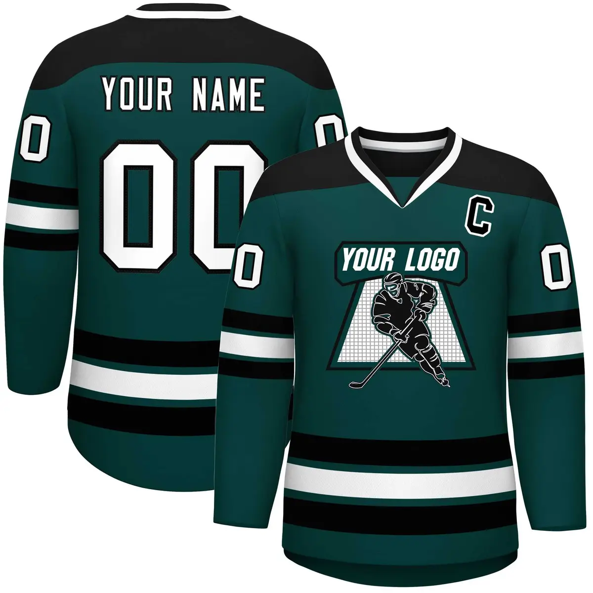 Midnight Green Black-White Classic V-Neck Hockey Jersey
