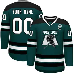 Midnight Green Black-White Classic V-Neck Hockey Jersey 1