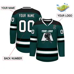 Midnight Green Black-White Classic V-Neck Hockey Jersey 2