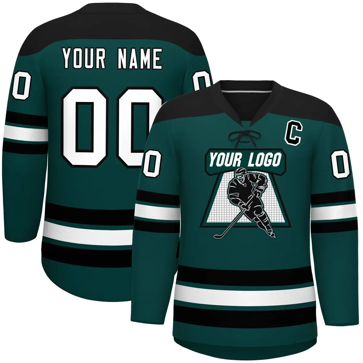 Midnight Green Black White Lace-Up Neck Hockey Jersey