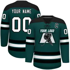 Midnight Green Black White Lace-Up Neck Hockey Jersey