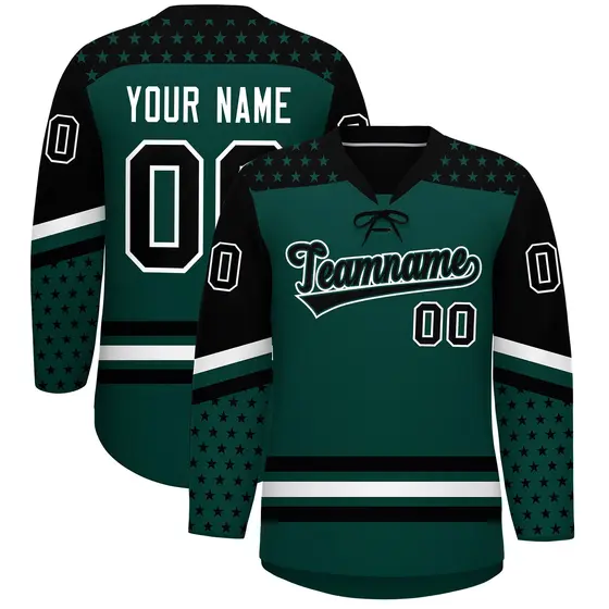 Midnight Green Black White Star Series Lace-Up Neck Hockey Jersey