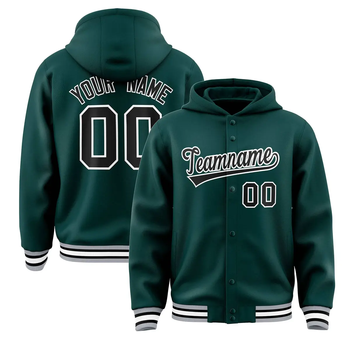 Midnight Green Black-White Varsity Letterman Hoodie Jacket