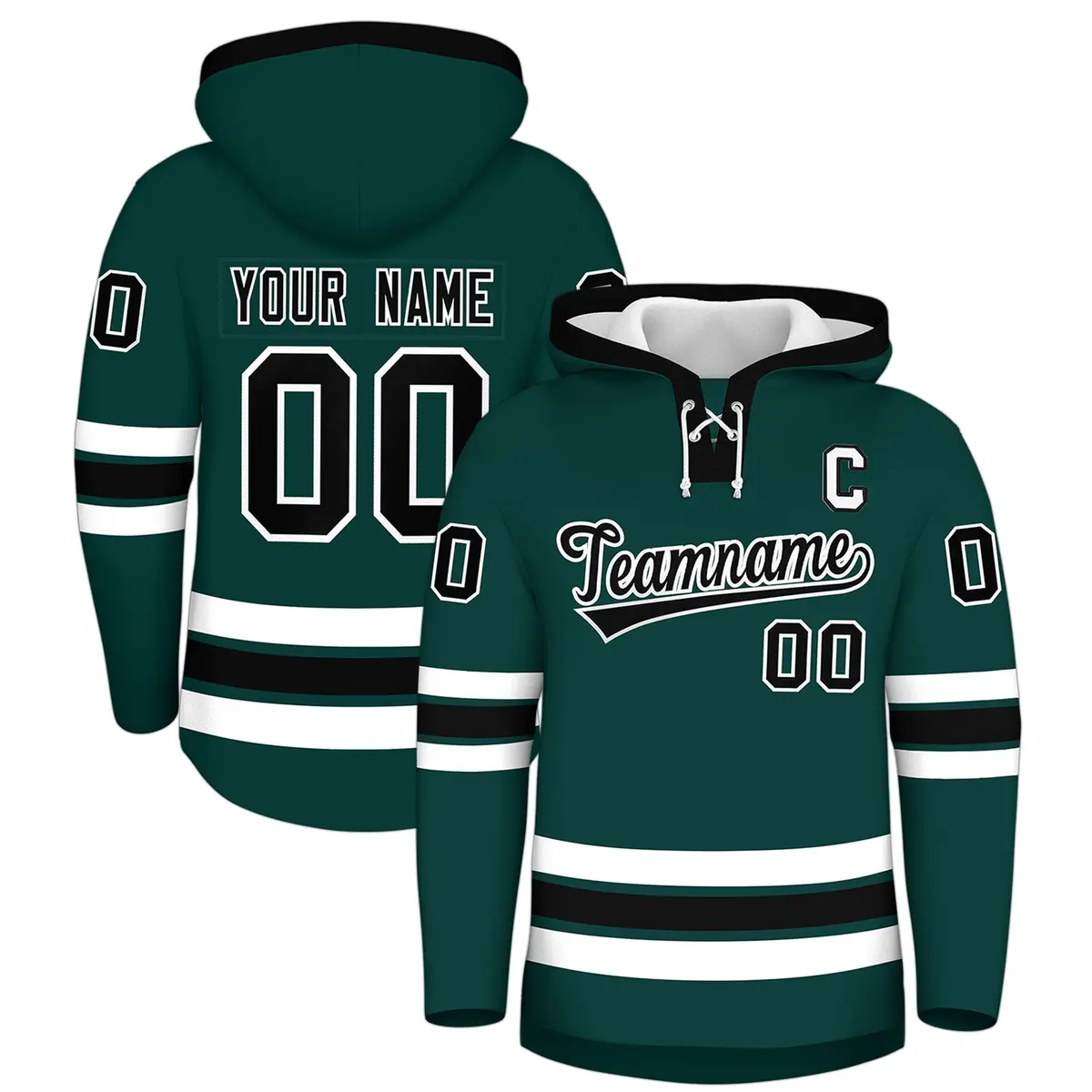 Midnight Green Black Wrinkle-Resistant Lace-Up Neck Hockey Hoodie