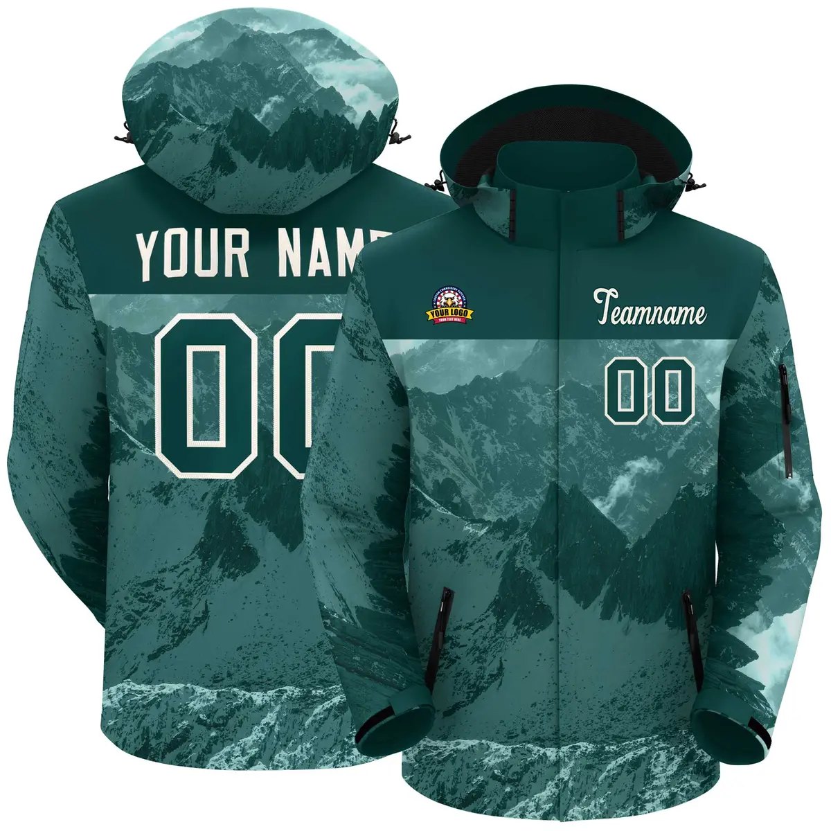 Midnight Green Cream Snow Mountain Graffiti Hooded Waterproof Jacket