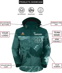 Midnight Green Cream Snow Mountain Graffiti Hooded Waterproof Jacket 2