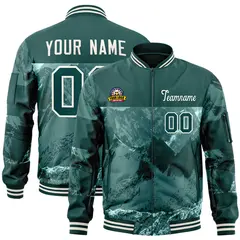 Midnight Green Cream Snow Mountain Letterman Bomber Jacket