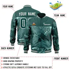 Midnight Green Cream Snow Mountain Letterman Bomber Jacket 2