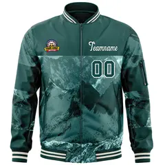 Midnight Green Cream Snow Mountain Letterman Bomber Jacket 3