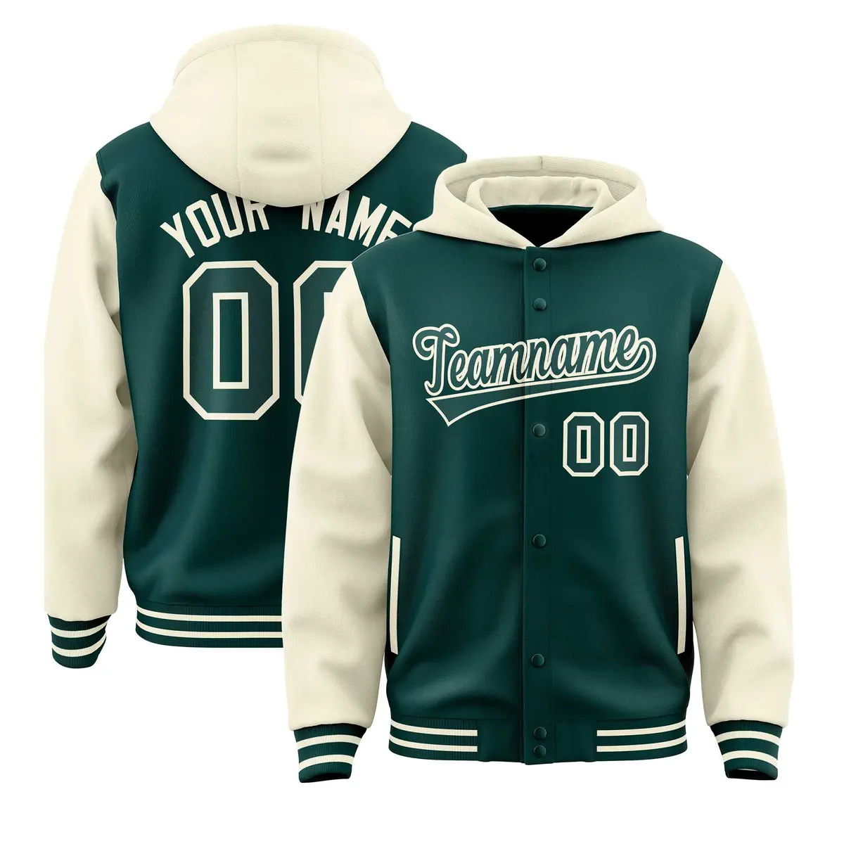 Midnight Green Cream Two Tone Raglan Full-Snap Varsity Letterman Jacket Hoodie