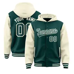 Midnight Green Cream Two Tone Raglan Full-Snap Varsity Letterman Jacket Hoodie 1