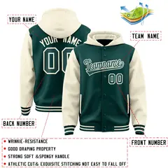 Midnight Green Cream Two Tone Raglan Full-Snap Varsity Letterman Jacket Hoodie 4
