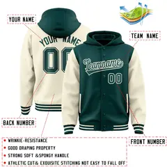 Midnight Green Cream Two Tone Raglan Full-Snap Varsity Letterman Jacket Hoodie 4