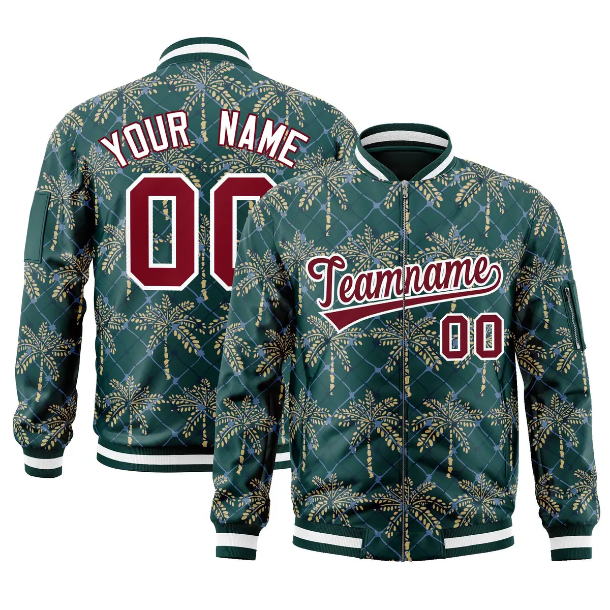 Midnight Green Crimson Hawaii Full-Zip Letterman Varsity Bomber Jacket