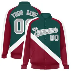 Midnight Green Crimson Raglan Full-Snap Letterman Baseball Jacket 1