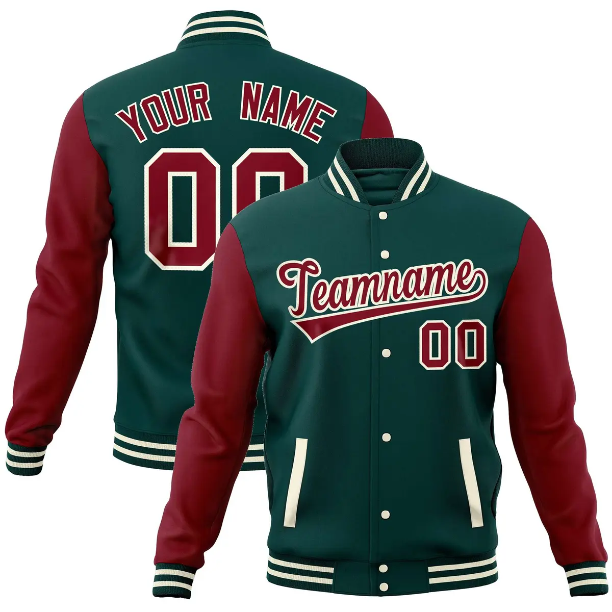 Midnight Green Crimson Varsity Raglan Sleeves Letterman Baseball Jacket