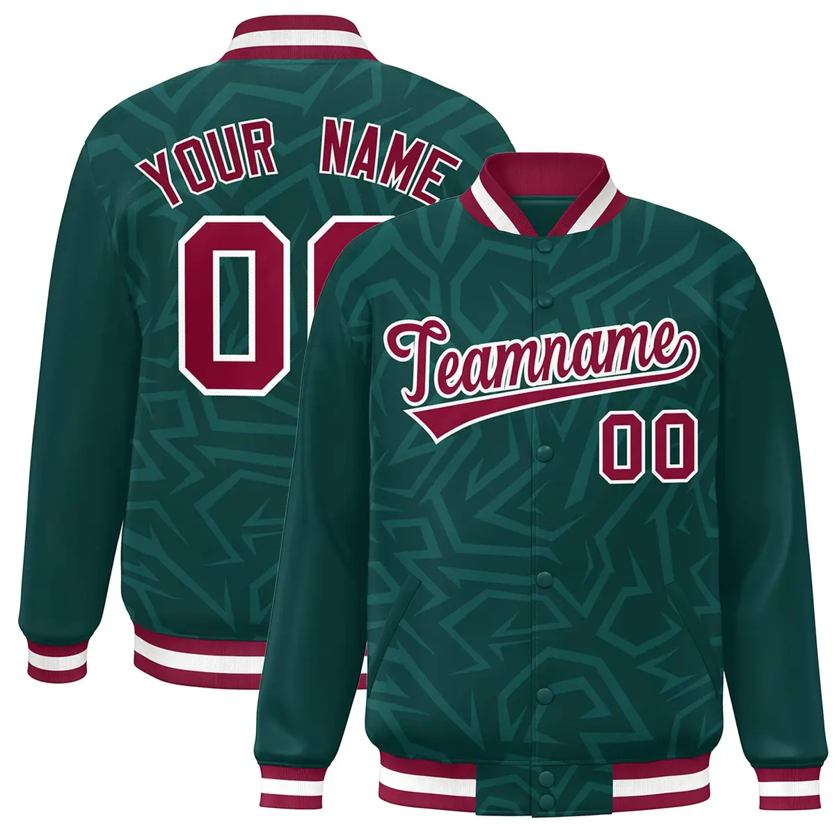 Midnight Green Crimson-White Stripe Graffiti Pattern Varsity Full-Snap Jacket