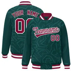 Midnight Green Crimson-White Stripe Graffiti Pattern Varsity Full-Snap Jacket