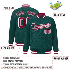 Midnight Green Crimson-White Stripe Graffiti Pattern Varsity Full-Snap Jacket 2