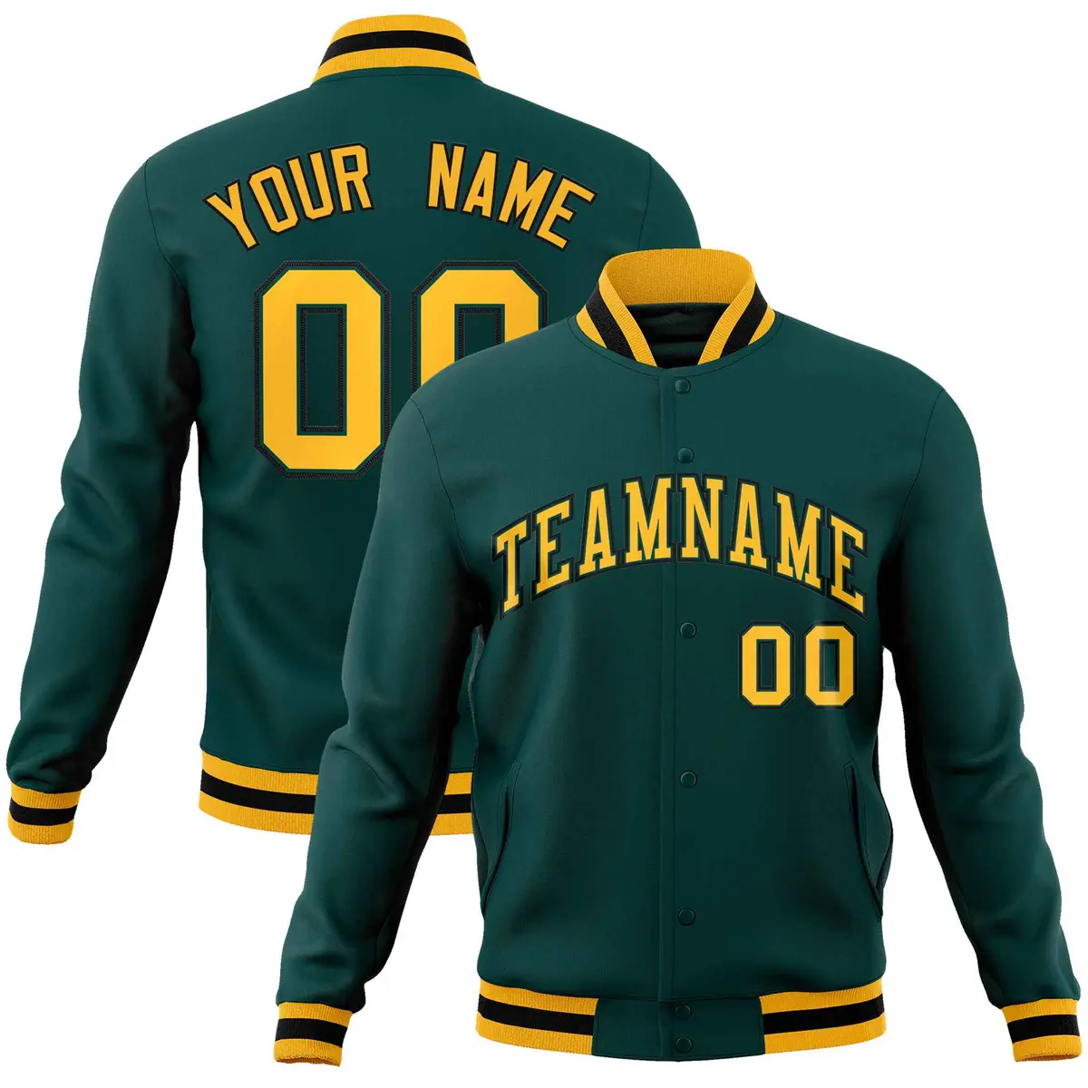 Midnight Green Gold-Black Varsity Full-Snap Letterman Jacket