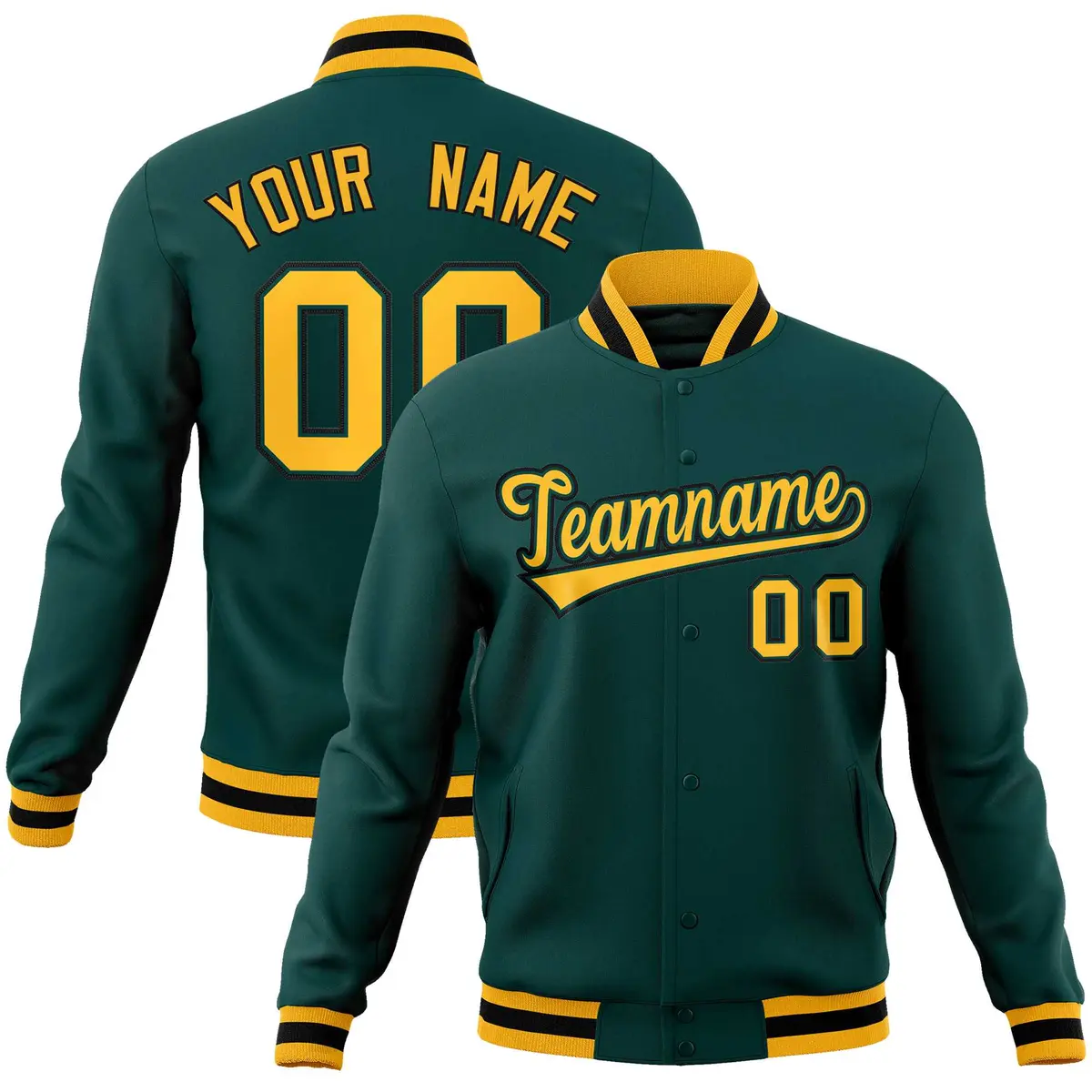 Midnight Green Gold-Black Varsity Full-Snap Letterman Jacket