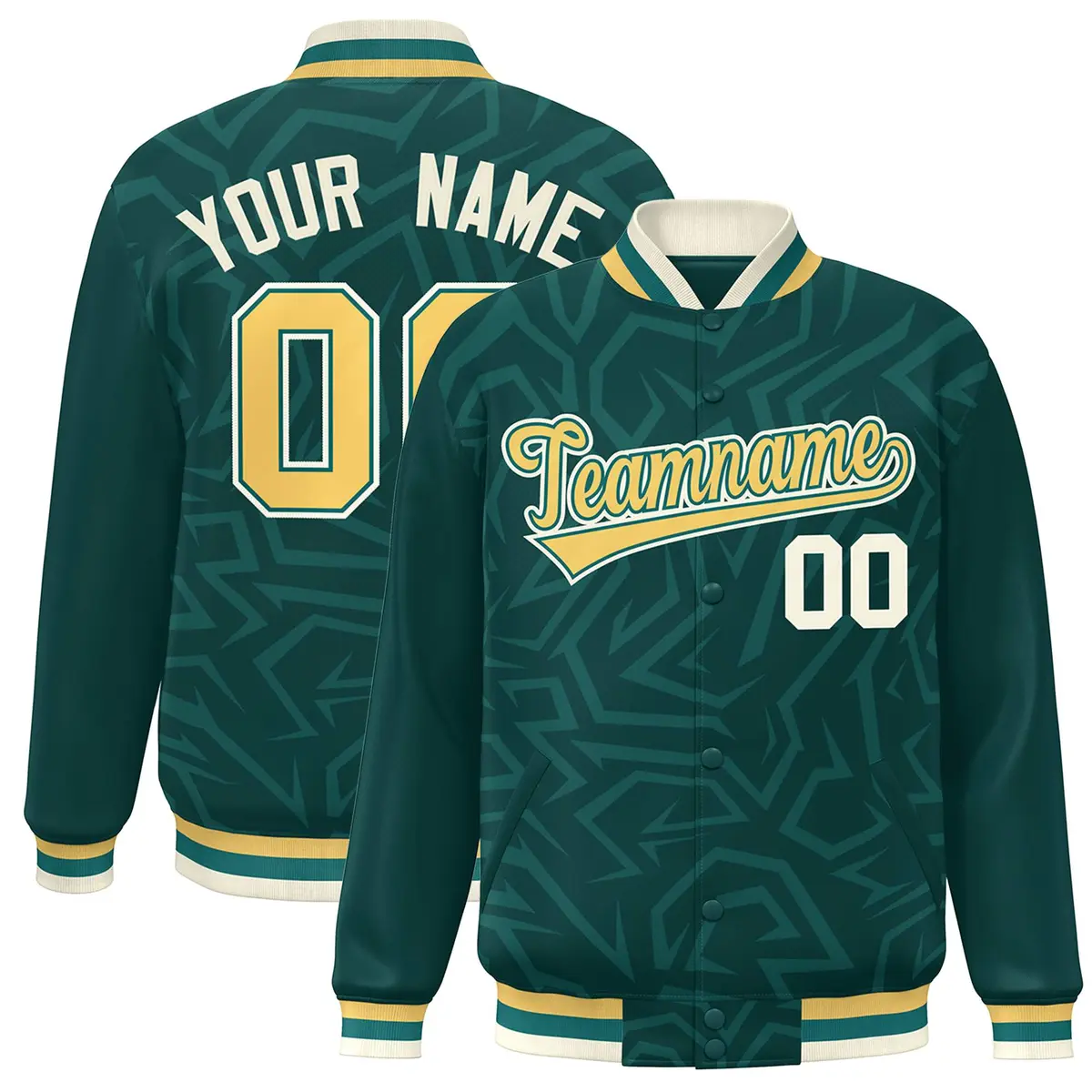 Midnight Green Gold-Cream Stripe Graffiti Pattern Varsity Full-Snap Jacket