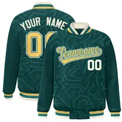 Midnight Green Gold-Cream Stripe Graffiti Pattern Varsity Full-Snap Jacket