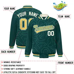 Midnight Green Gold-Cream Stripe Graffiti Pattern Varsity Full-Snap Jacket 2
