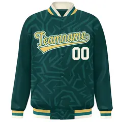 Midnight Green Gold-Cream Stripe Graffiti Pattern Varsity Full-Snap Jacket 3