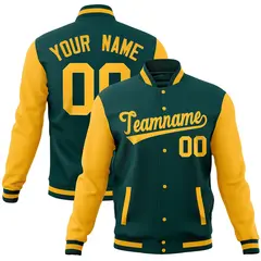 Midnight Green Gold Raglan Sleeves Full-Snap Varsity Letterman Baseball Jacket