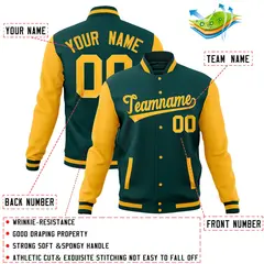 Midnight Green Gold Raglan Sleeves Full-Snap Varsity Letterman Baseball Jacket 4