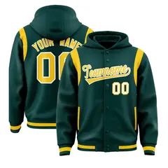 Midnight Green Gold Shoulder Color Block Varsity Letterman Jacket Hoodie