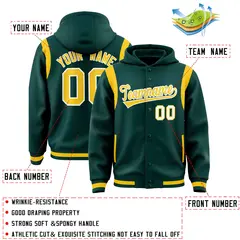 Midnight Green Gold Shoulder Color Block Varsity Letterman Jacket Hoodie 4
