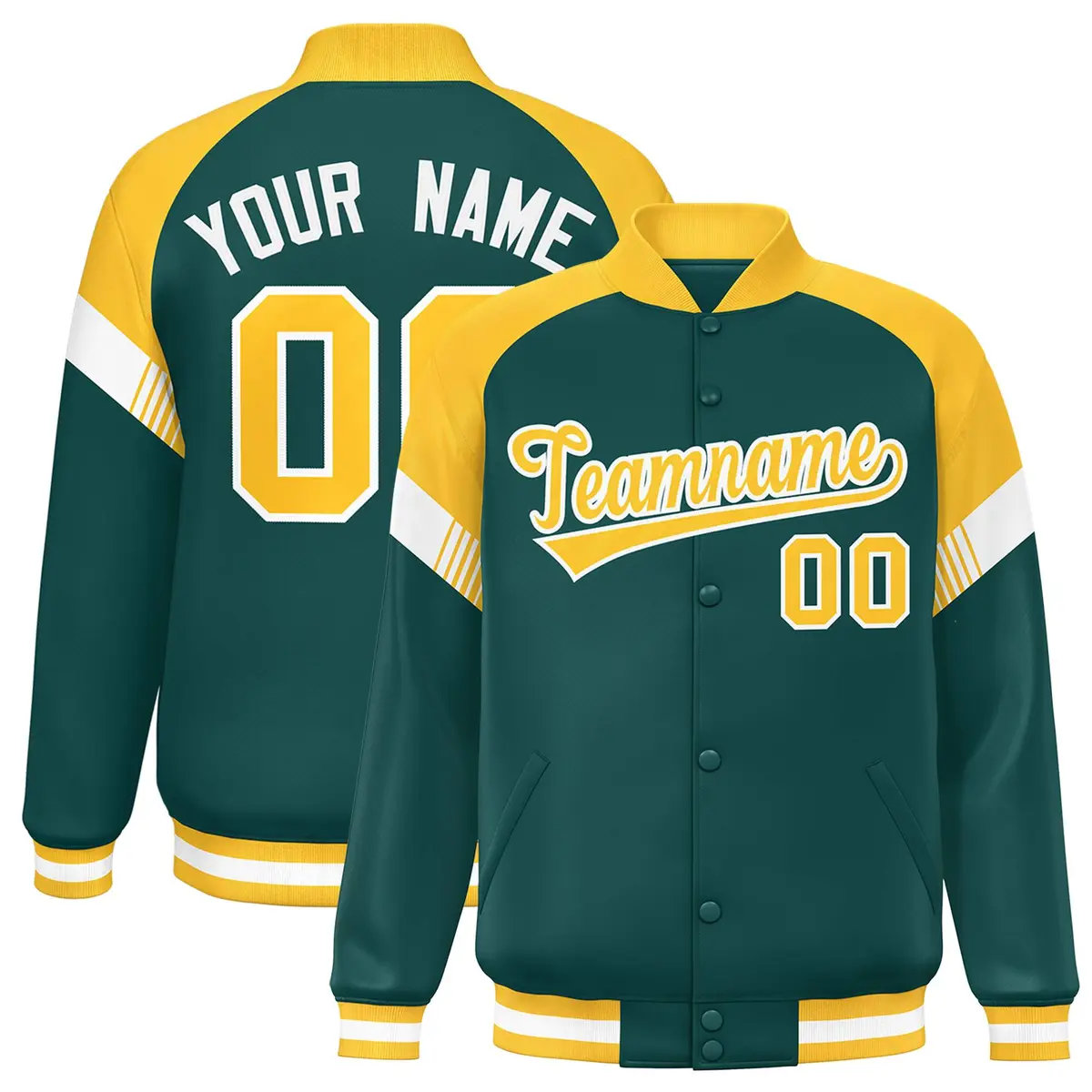 Midnight Green Gold-White Color Block Varsity Letterman Jacket