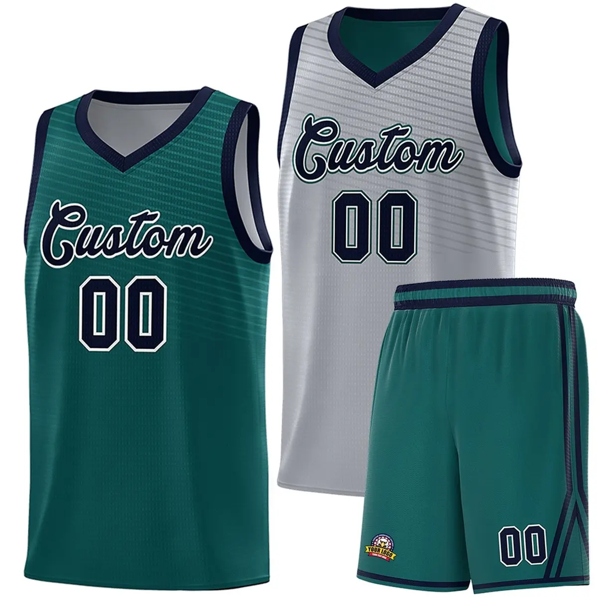 Midnight Green Gray Chest Slash Pattern Double Side Basketball Jersey