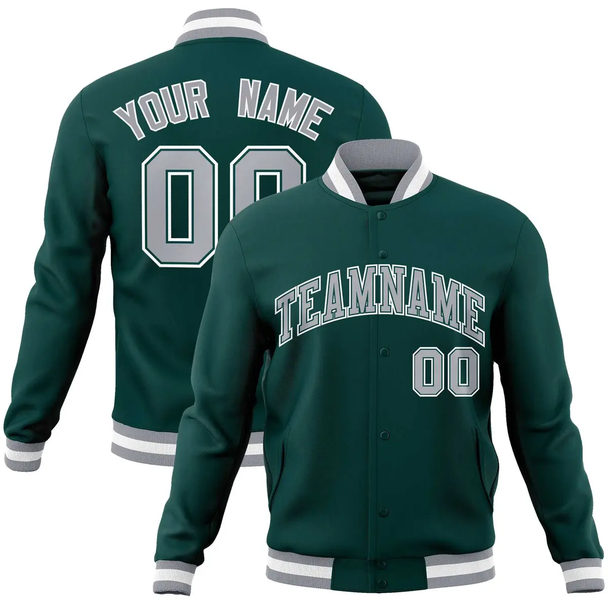 Midnight Green Gray-White Varsity Full-Snap Letterman Jacket