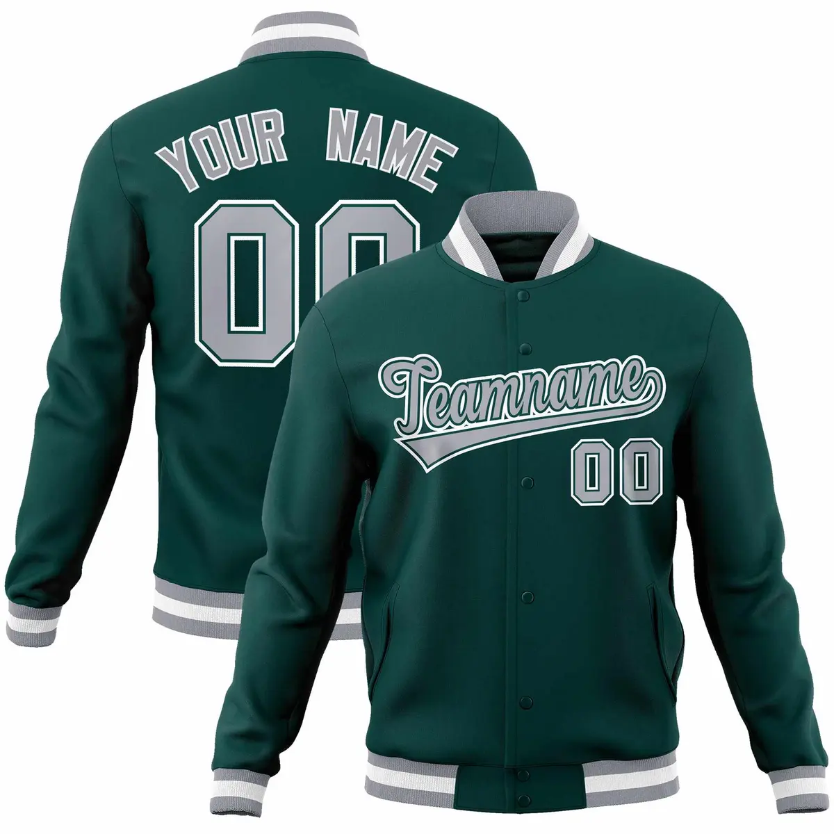 Midnight Green Gray-White Varsity Full-Snap Letterman Jacket