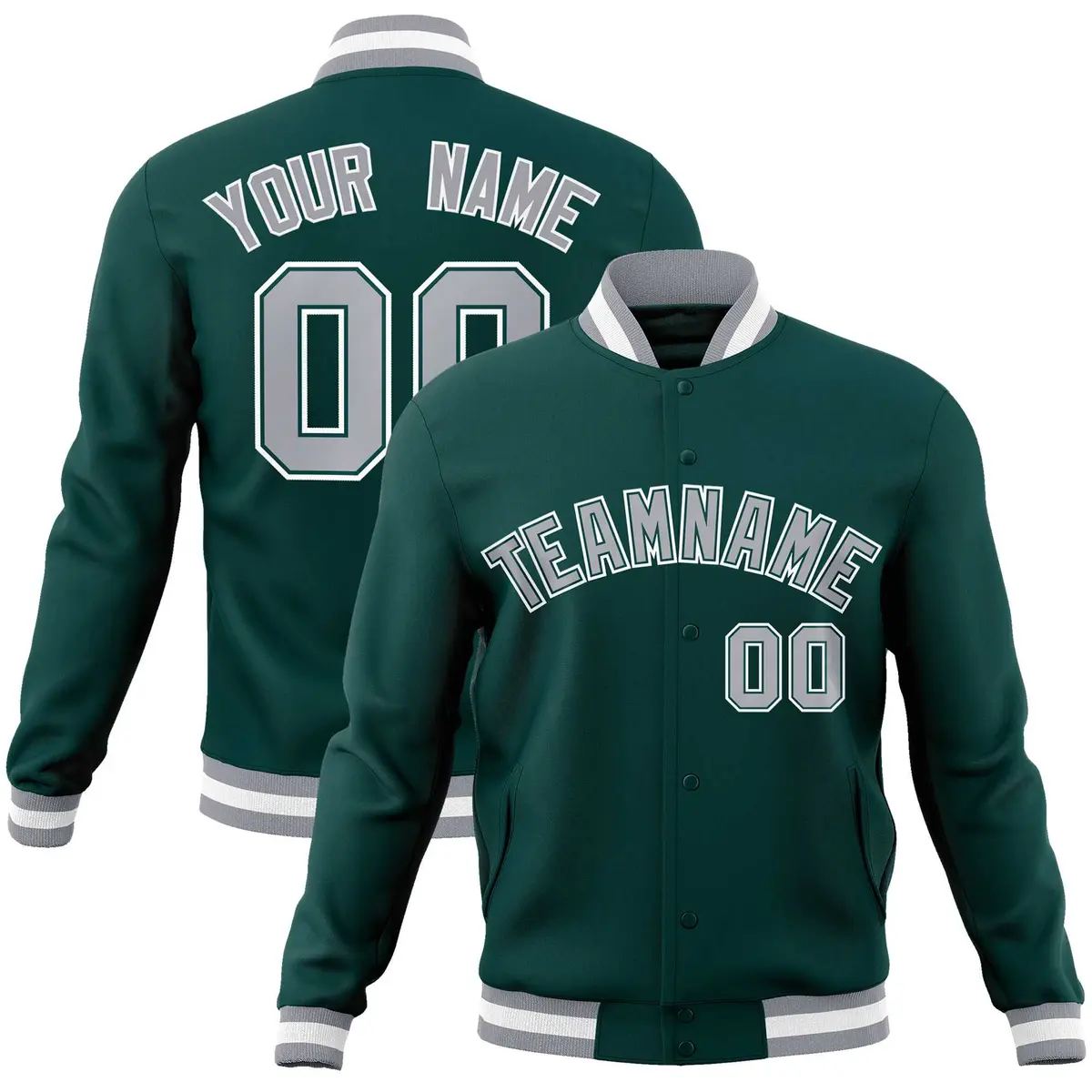 Midnight Green Gray-White Varsity Full-Snap Letterman Jacket